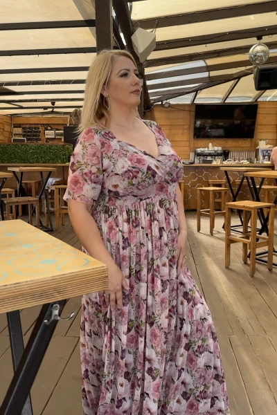 Официална дълга рокля НИЯ, розови божури, макси и големи размери